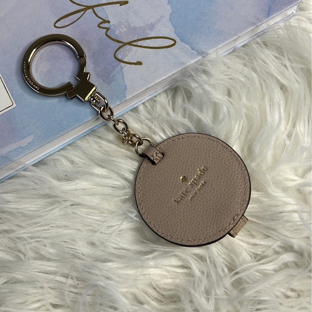 LIKE NEW: KATE SPADE TAUPE LEATHER BAG CHARM/COMPACT MIRROR